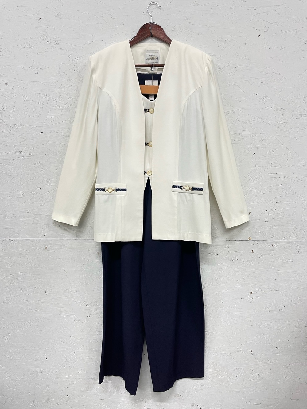 Vintage Joseph Ribkoff 3-Piece Pantsuit Set Cream Navy Gold, Sz 12, Canada Made